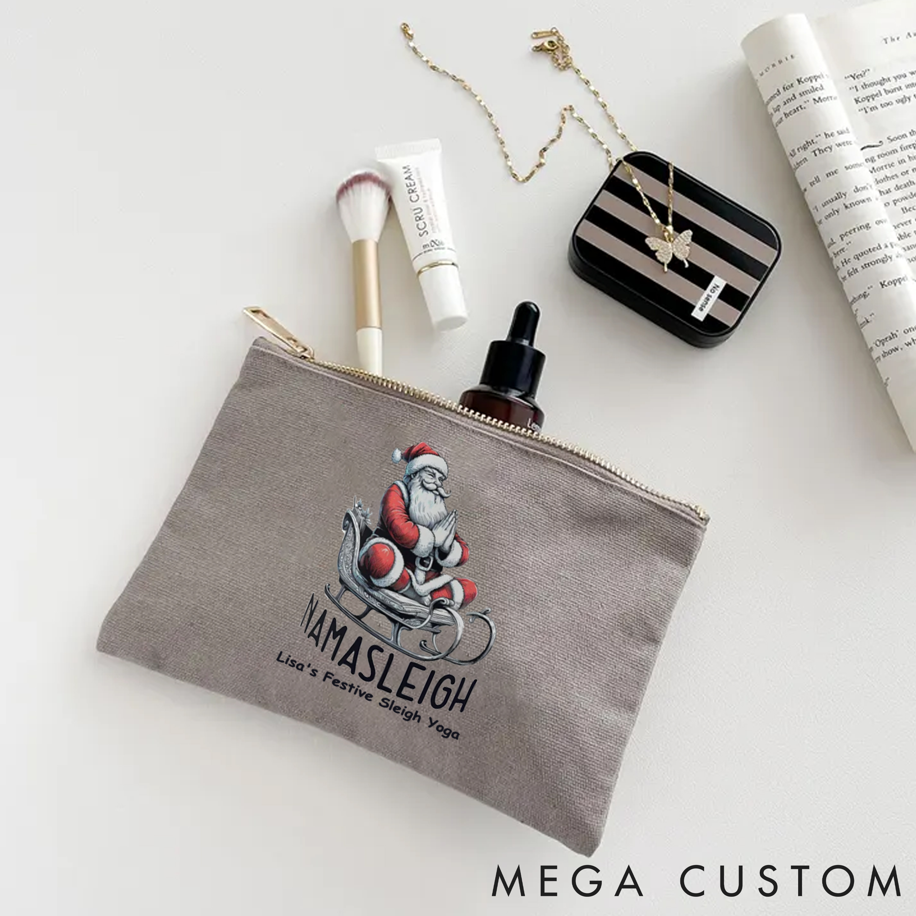 Personalized Christmas Yoga Makeup Bag with Fun Santa Sleigh Design Custom Name Yoga Makeup Bag Gift Idea for Yoga Lover