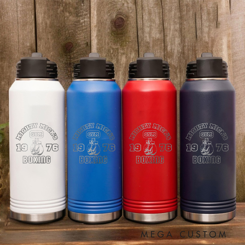 Personalized Gym Water Bottles with Classic Boxing Glove Emblem and Established Year for Fitness Enthusiasts Bodybuilders and Gym Lovers