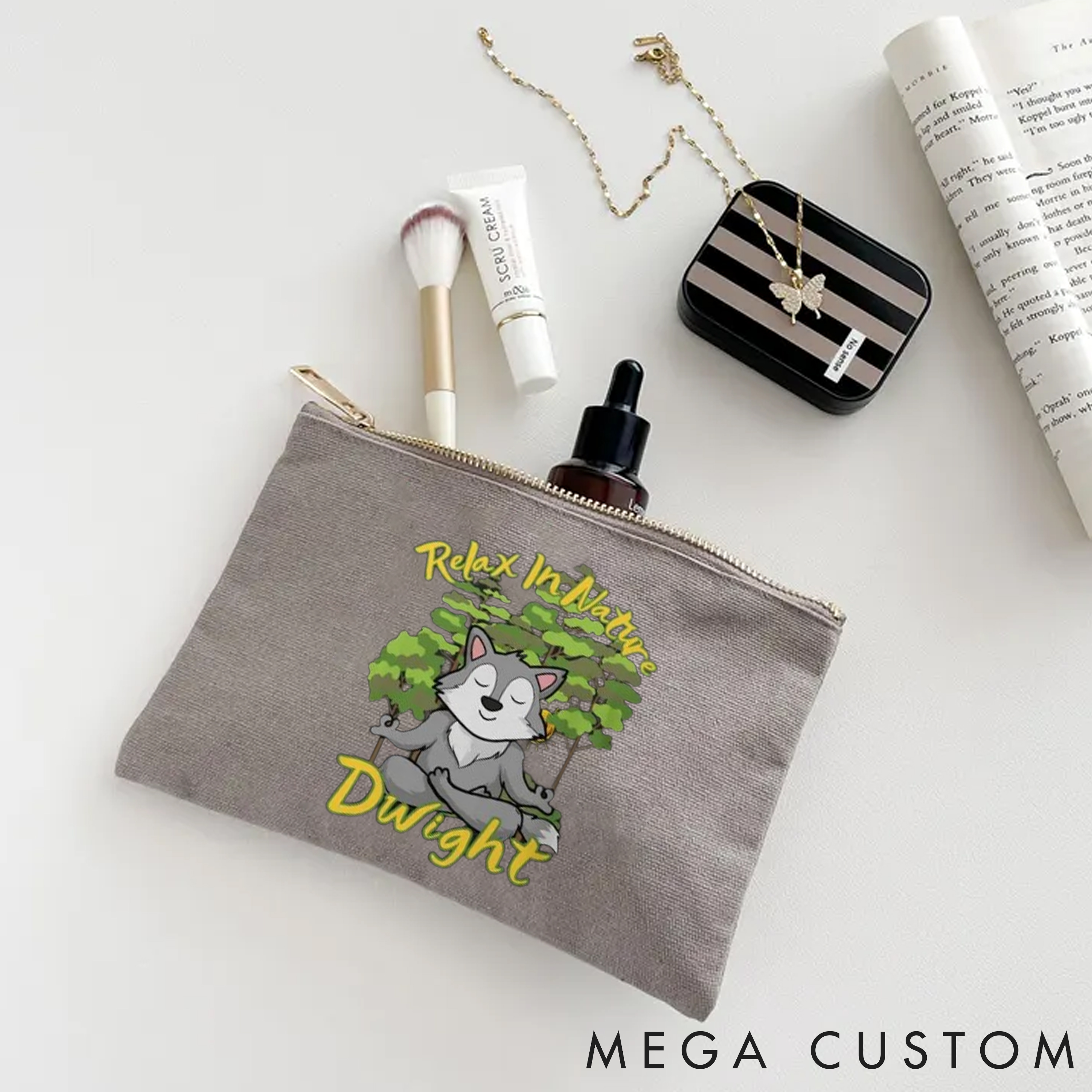 Personalized Yoga Makeup Bag with Relax in Nature and Cute Fox Design Custom Name Yoga Makeup Bag Gift Idea for Yoga Lover