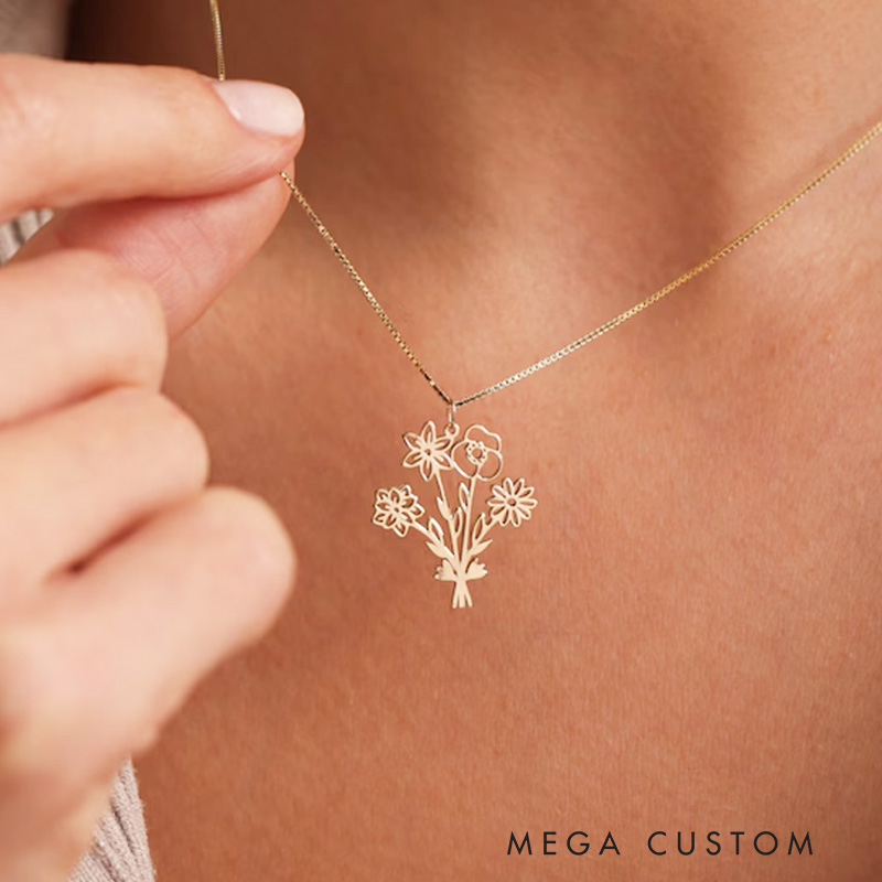 Personalized Birth Flower Necklace Multiple Birth Flower Bouquet Necklace Birth Flower Gift