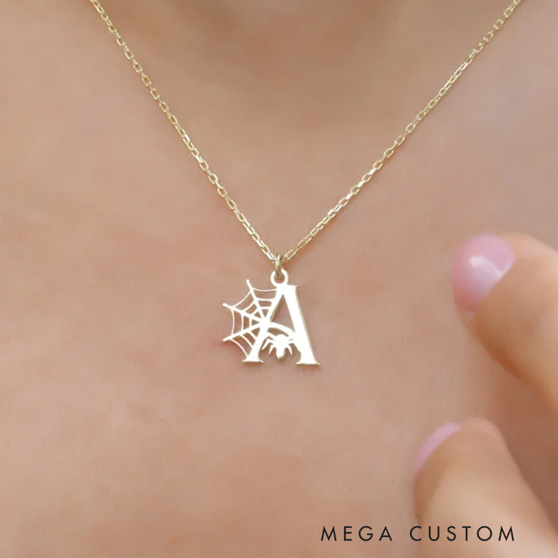 Personalized Initial Necklace Spiderweb Design Perfect for Halloween and Unique Style Lovers