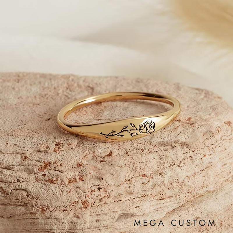 Personalized Engraved Birth Flower Ring Birthday Gifts for Her