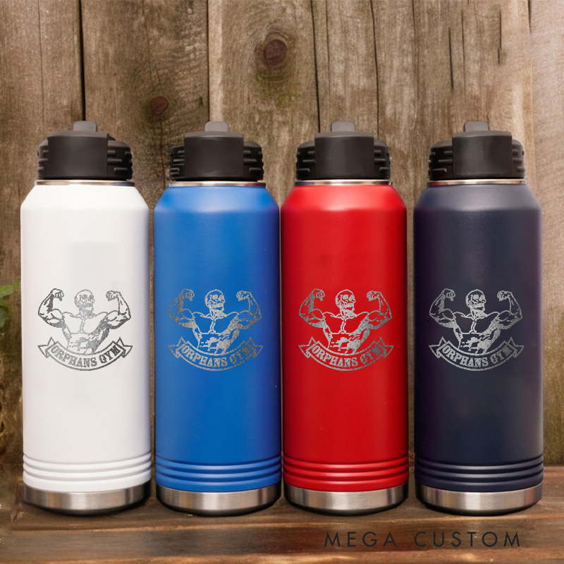 Personalized Gym Water Bottles with Skull Bodybuilder Artwork for Fitness Enthusiasts Bodybuilders and Gym Lovers