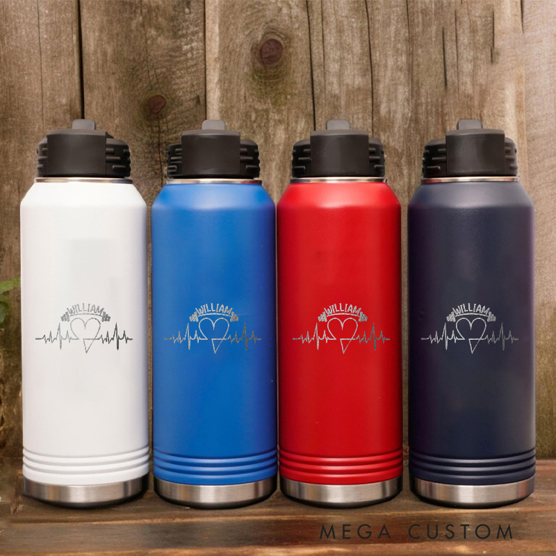 Personalized Gym Water Bottles with Heartbeat Line and Heart Design for Fitness Enthusiasts Bodybuilders and Gym Lovers