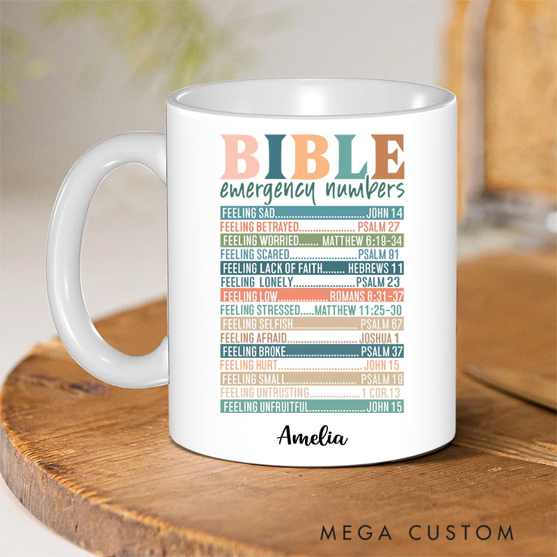 Personalized Multicolor Bible Emergency Numbers Ceramic Mug with Name Religious Gift Birthday Gift for Girls