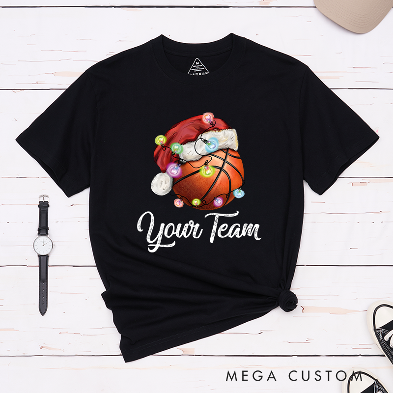 Personalized Christmas Basketball T-Shirt with Custom Team Name and Festive Design