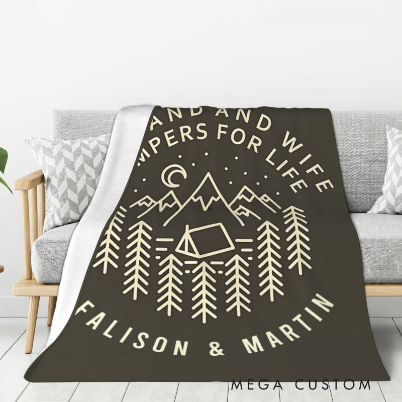Personalized Husband and Wife Throw Blanket Gift for Couple Camping Hiking Lovers