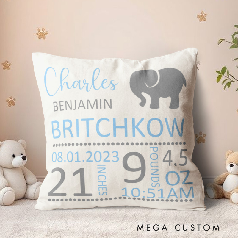 Personalized Elephant Birth Stats Throw Pillows Featuring Baby's Name And Key Details Throw Pillows