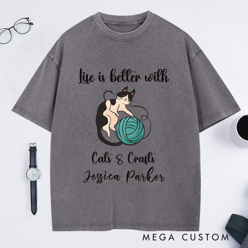 Personalized Cat Knitting Crafts Washed T-Shirts MidCentury Cat Knitting Shirt Vintage Cat T-Shirt BoHo Knitting Shirt Funny Cat Lover Shirt
