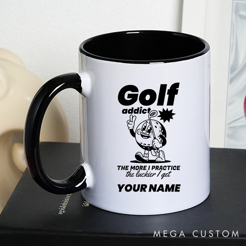Personalized Golf Mug with Custom Name Golf Addict Design The More I Practice The Luckier I Get Durable Ceramic Two Tone Handle
