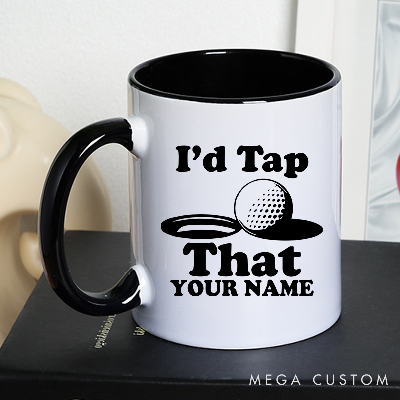 Personalized golf mug with custom name and funny "I'd Tap That" design durable ceramic perfect for golf lovers and special occasions