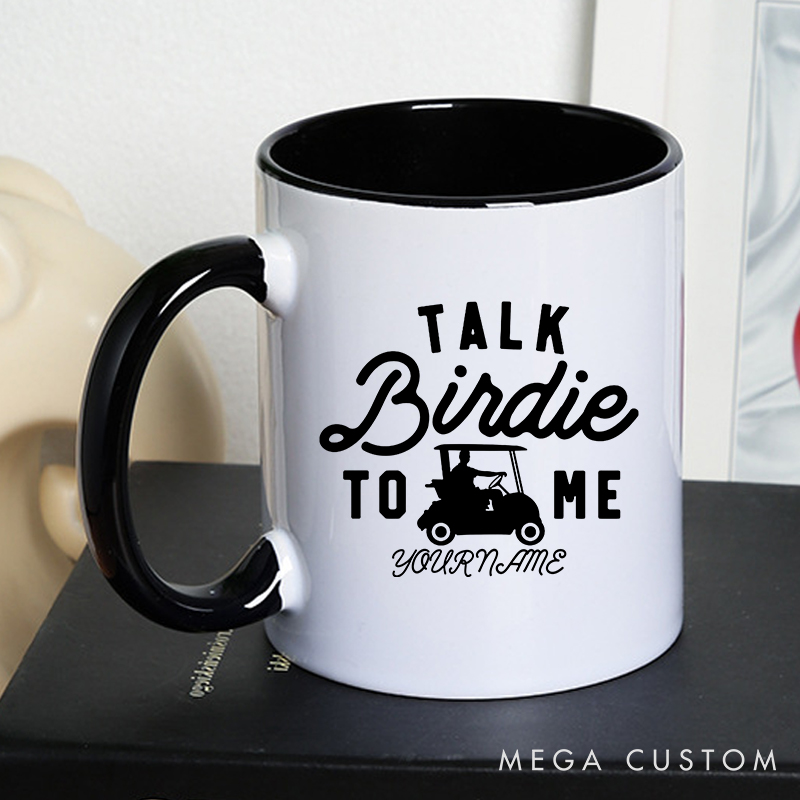 Personalized Golf Mug with Custom Name "Talk Birdie to Me" Fun Golf Cart Design Perfect Gift for Golf Lovers