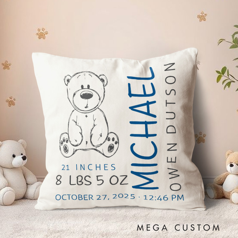 Personalized Teddy Bear Birth Stats Baby Pillow Birth Announcement Gift New Baby Shower Gift 