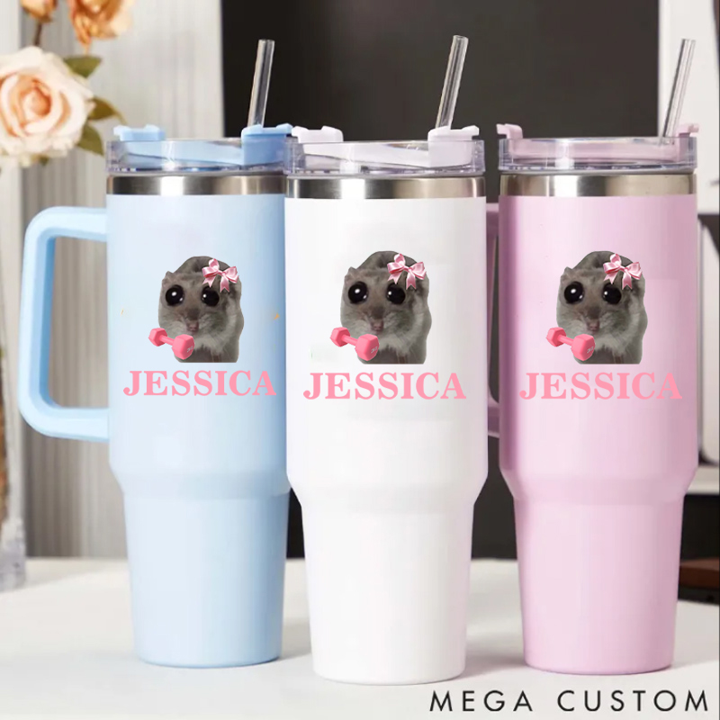 Personalized Handle Tumbler with Cute Hamster Pink Bow for Gym Lover Fitness Durable Hot or Cold Drinks