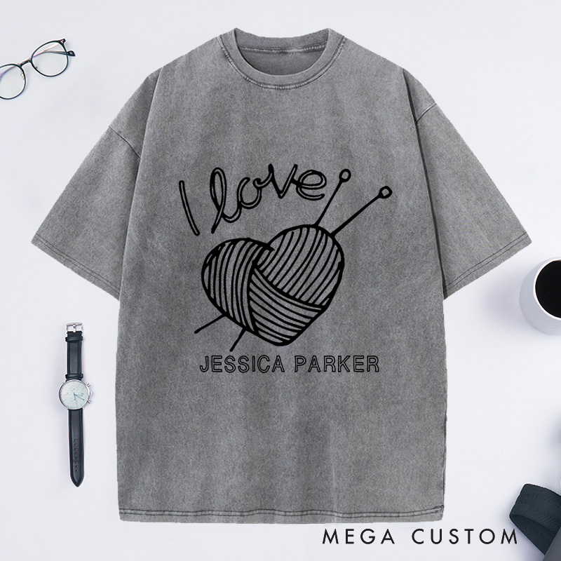 Personalized I Love Knitting Washed T-Shirts Gifts for Knitter Grandma Shirt Grandma Knit Tee Custom Tee