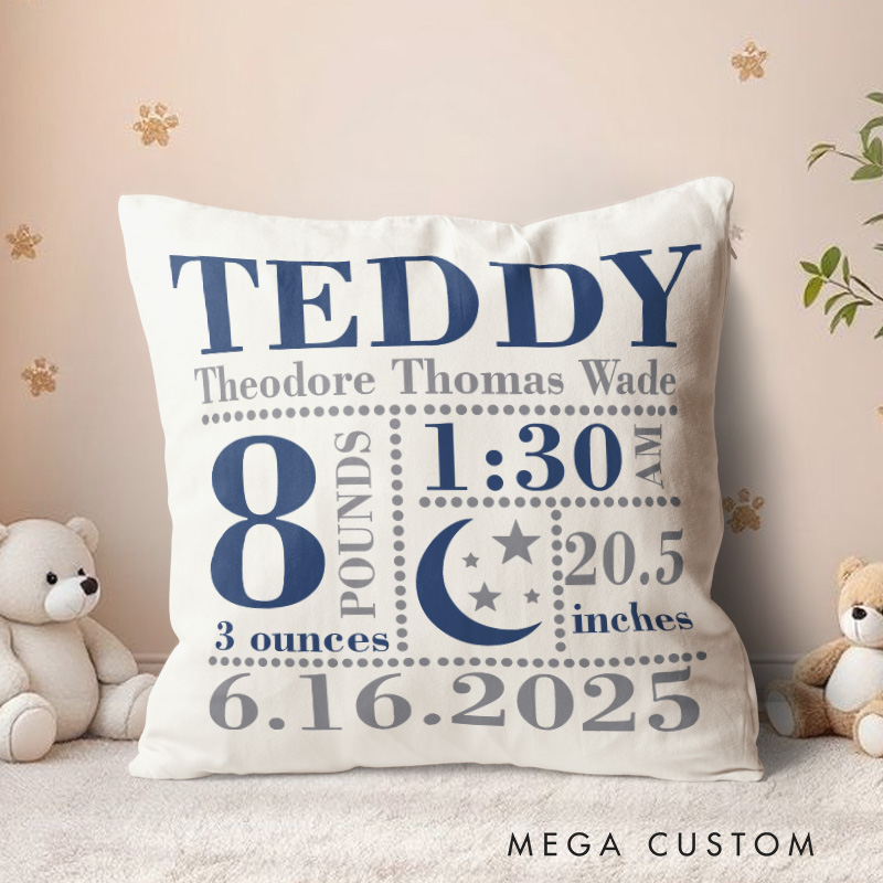 Personalized Boys Birth Announcement  Baby Throw Pillow Moon and Stars in Navy and Grey Pillow