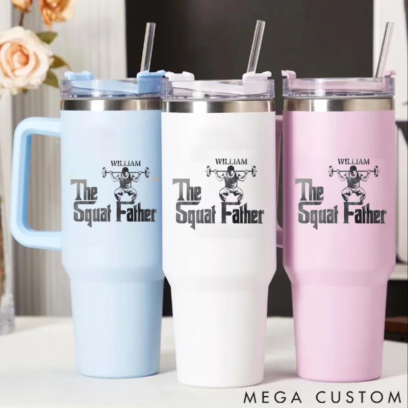 Personalized Handle Tumbler with Logo Featuring Squat and Barbell Artwork for Gym Lover Fitness Durable Hot or Cold Drinks