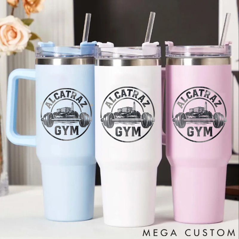 Personalized Handle Tumbler with Barbell and Prison Island Illustration for Gym Lover Fitness Durable Hot or Cold Drinks