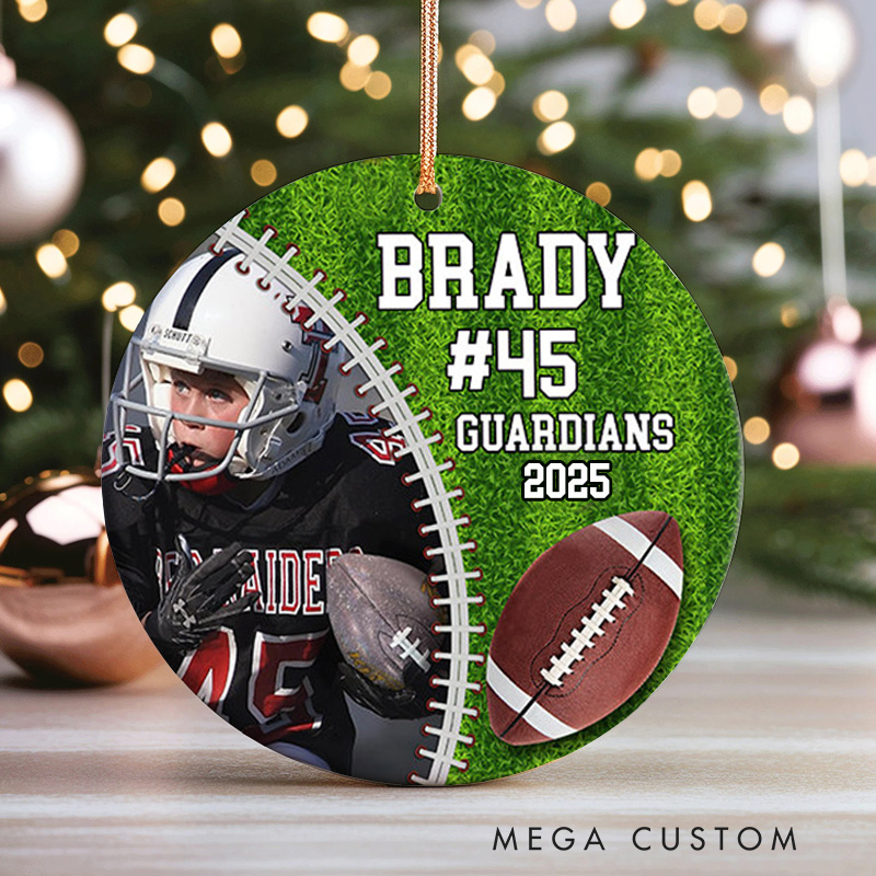 Personalized American Football Photo Design Christmas Ornament with Custom Team Name, Player Name and Year