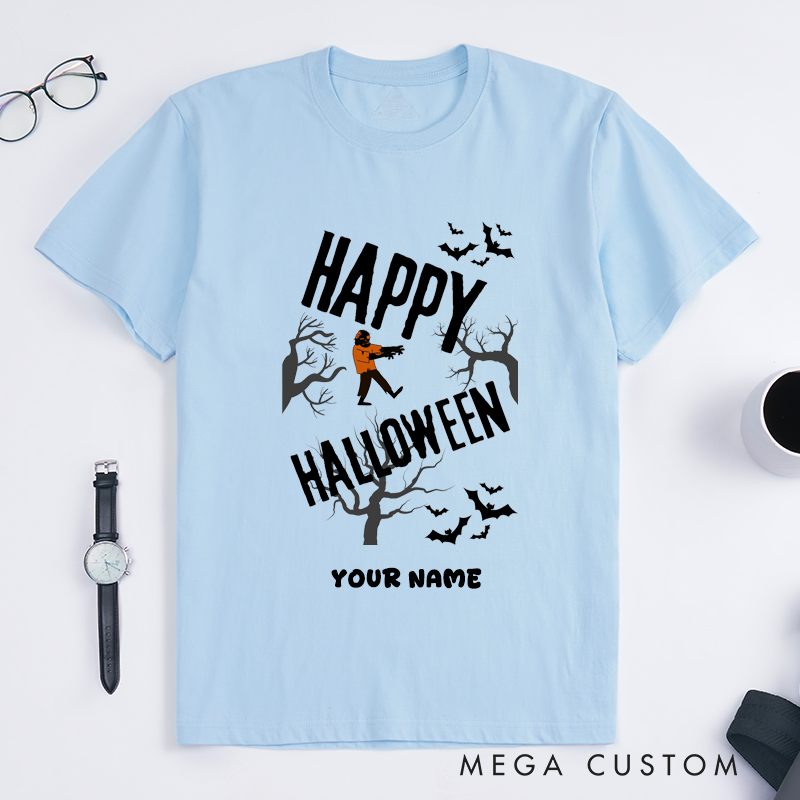 Personalized Happy Dance Zombie T-Shirts Custom Name Spooky Gift for Men Unique Halloween Tee Scary Walking Dead Design for Husband Son Friend