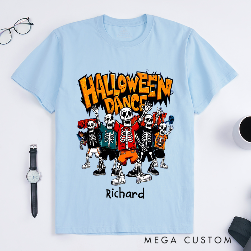 Personalized Halloween Dance Skeleton T-Shirts Custom Name Funny Skeleton Gift for Men Boys Unique Halloween Youth Graphic Tee