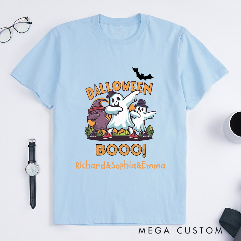 Personalized Halloween Ghost Dance T-Shirts Custom Name Unisex Cute Cartoon Ghosts Dabbing Spooky Gift for Teens Boys Girls Funny Halloween