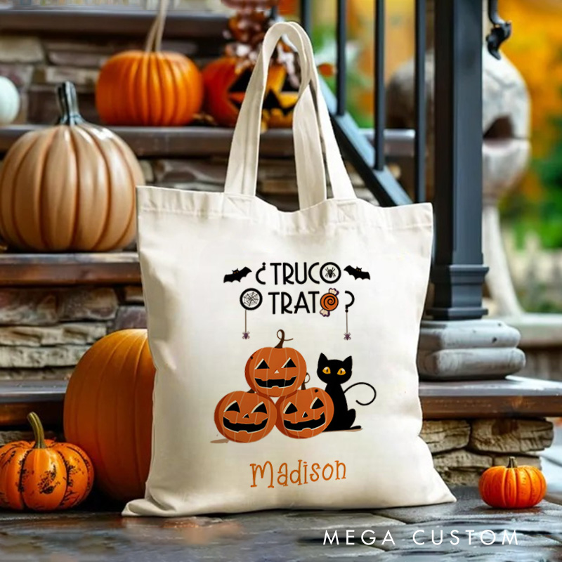 Personalized Trick or Treat Featuring Pumpkins and Cats for a Fun Halloween Celebration Tote Bag