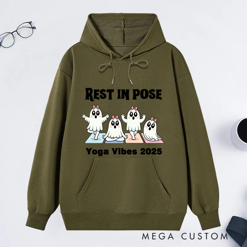 Personalized Rest in Pose Classic Hoodie with Cute Ghost Yoga Design Custom Time Gift Idea for Yoga Lover