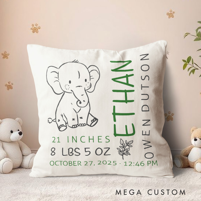 Personalized Woodland Nursery Elephant Birth Stats Baby Throw Pillow Baby Boy Or Girl Gift