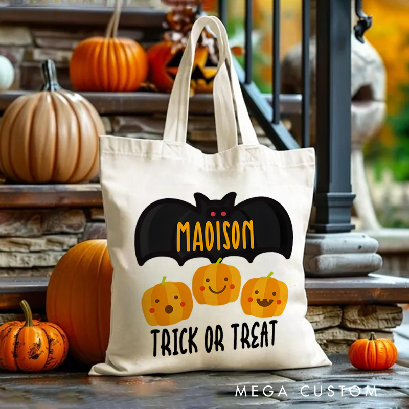 Personalized Bat and Pumpkin Featuring Name for a Spooky and Playful Trick or Treat Tote Bag