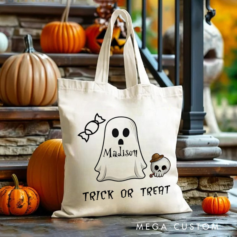 Personalized Ghost Featuring Name and Skull Accents for a Cute Halloween Celebration Tote Bag