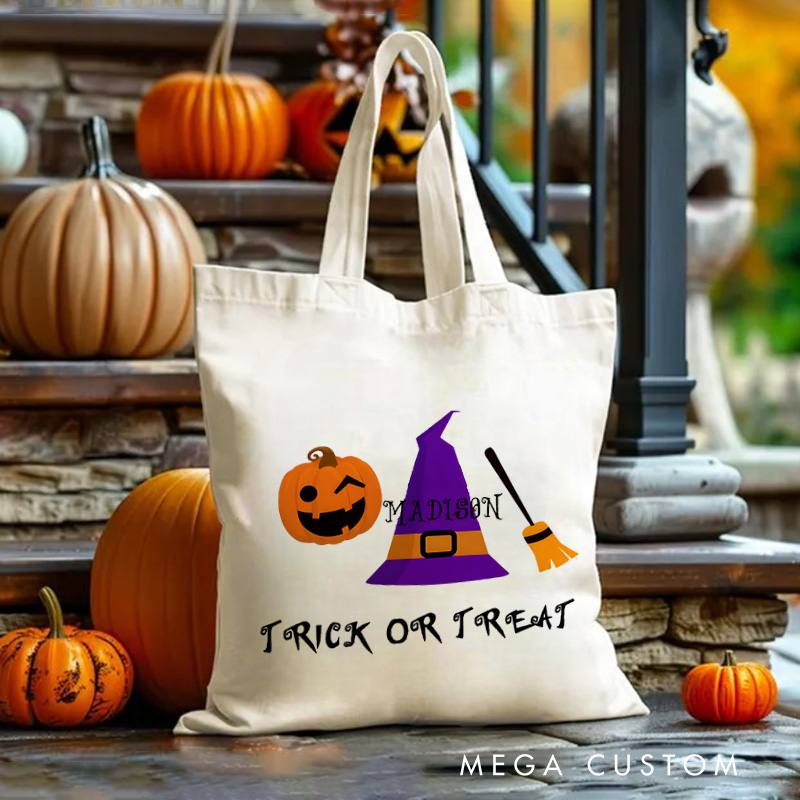 Personalized Witch Hat and Pumpkin Featuring Name for a Festive Halloween Accent Tote Bag