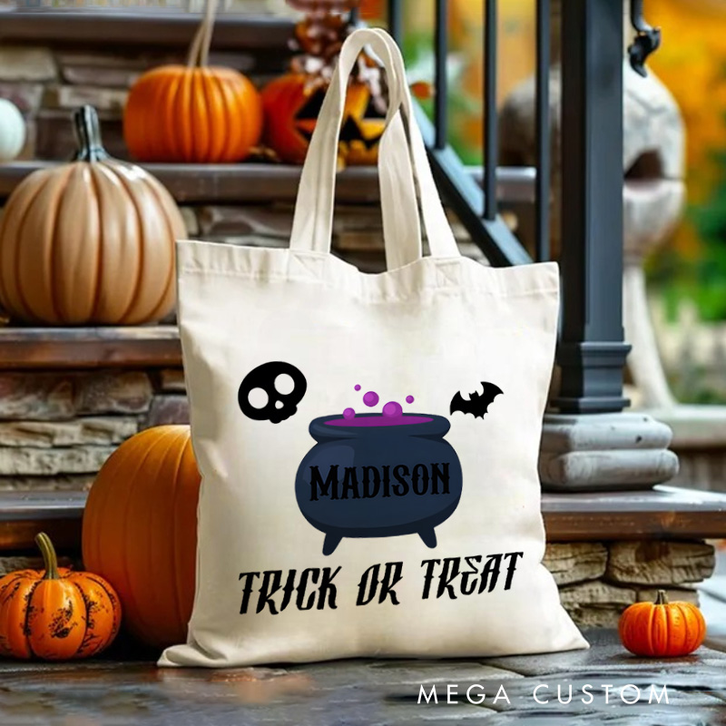 Personalized Cauldron Featuring Name and Halloween Symbols for a Spooky Trick or Treat Tote Bag