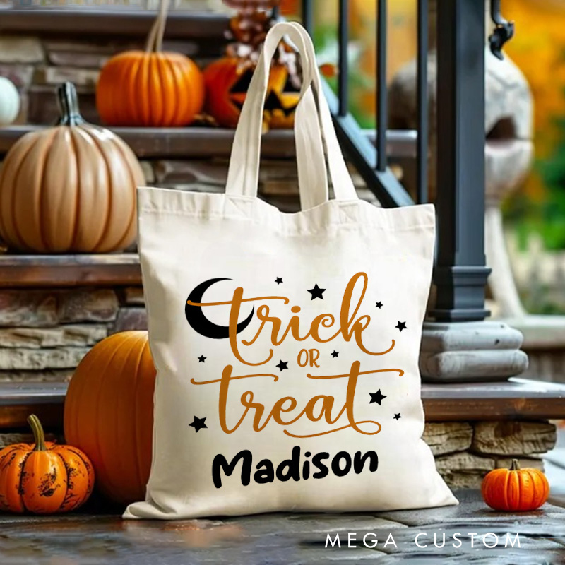 Personalized Trick or Treat Featuring Moon Stars and Name for a Magical Halloween Accent Tote Bag