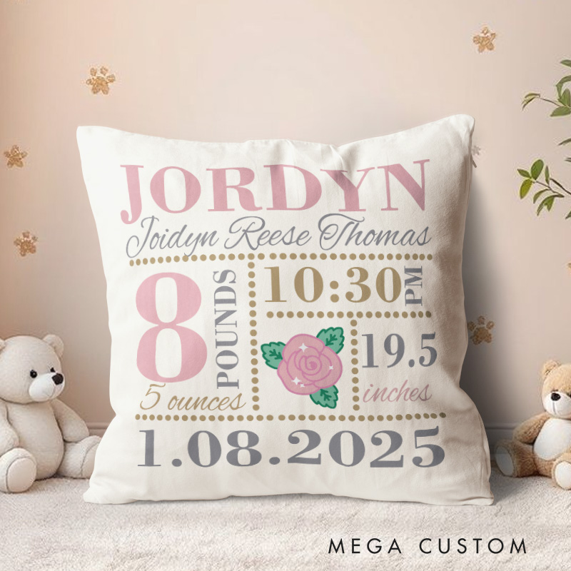 Personalized Girls Birth Announcement Baby Throw Pillow New Mom Gift New Baby Gift
