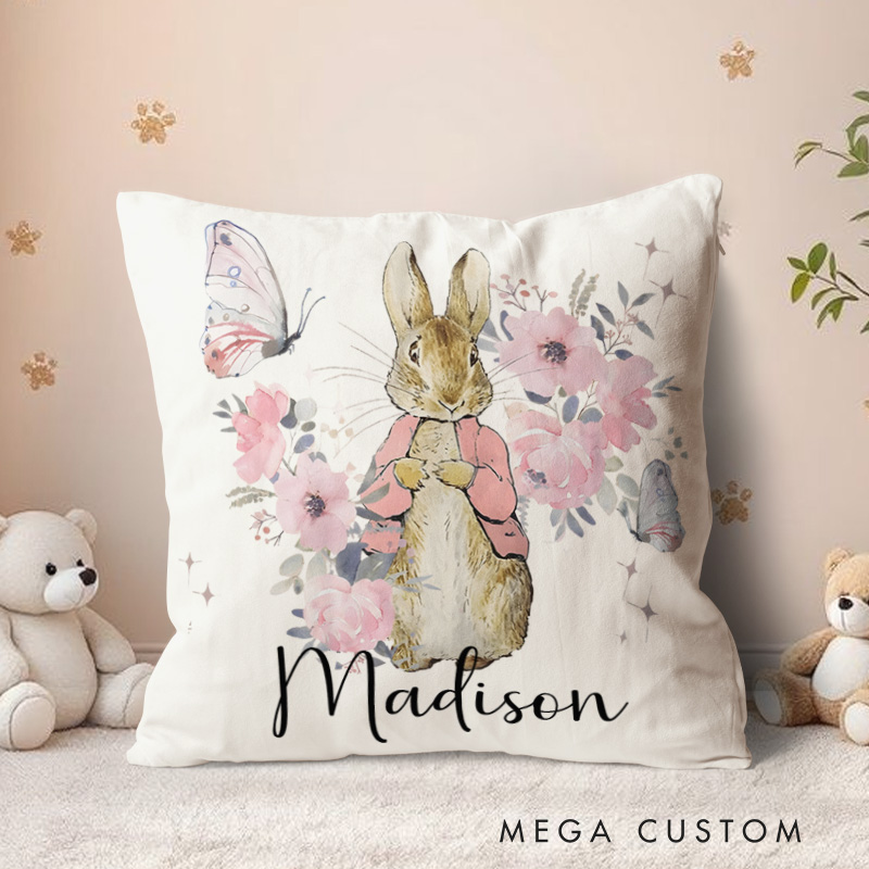 Personalized Bunny And Floral Throw Pillows Highlighting Charming Bunny Illustrations Throw Pillows