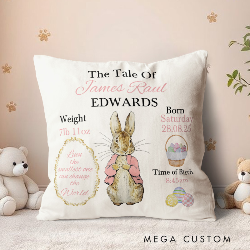 Personalized Peter/Flopsy Rabbit Baby Girl Throw Pillow Keepsake Gift for Christening