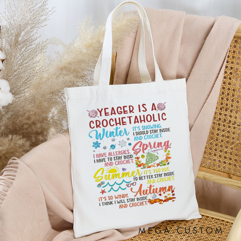 Personalized Seasonal Crochetaholic Tote Bag Custom Canvas Bag Crochet Lover Bag with Name Crocheting Lover Gift