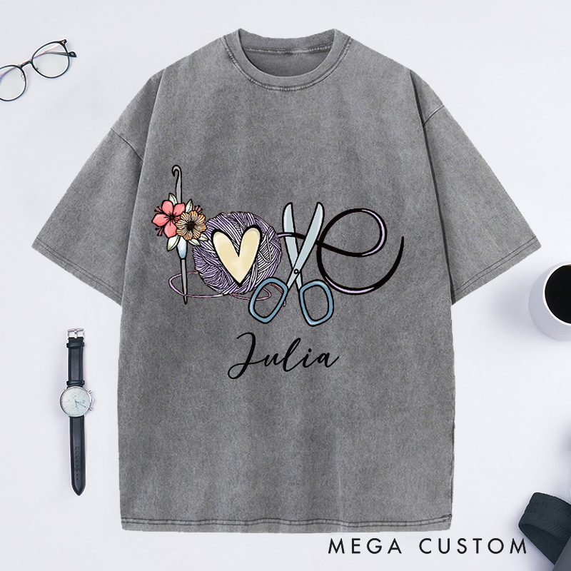 Personalized Love Crochet Washed T-Shirts Funny Crochet T-Shirt Crocheting Lovers Custom Tee