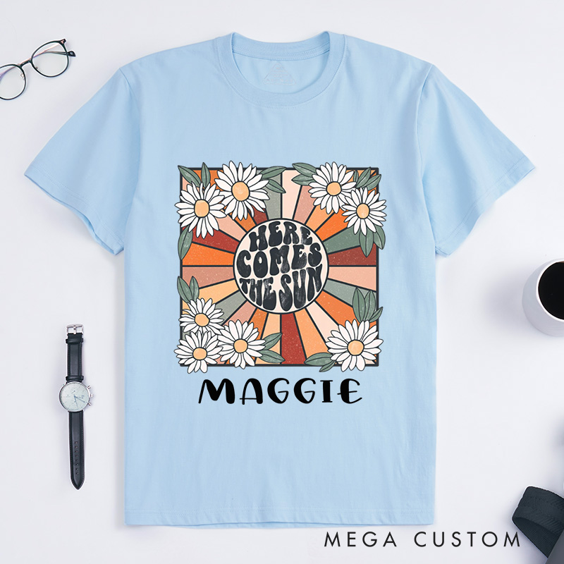 Personalized Here Comes the Sun Classic T-Shirts for Women Travel Beach Vacation T-Shirt Sunshine Tee Beatles Retro Shirts Motivational Shirt Gift