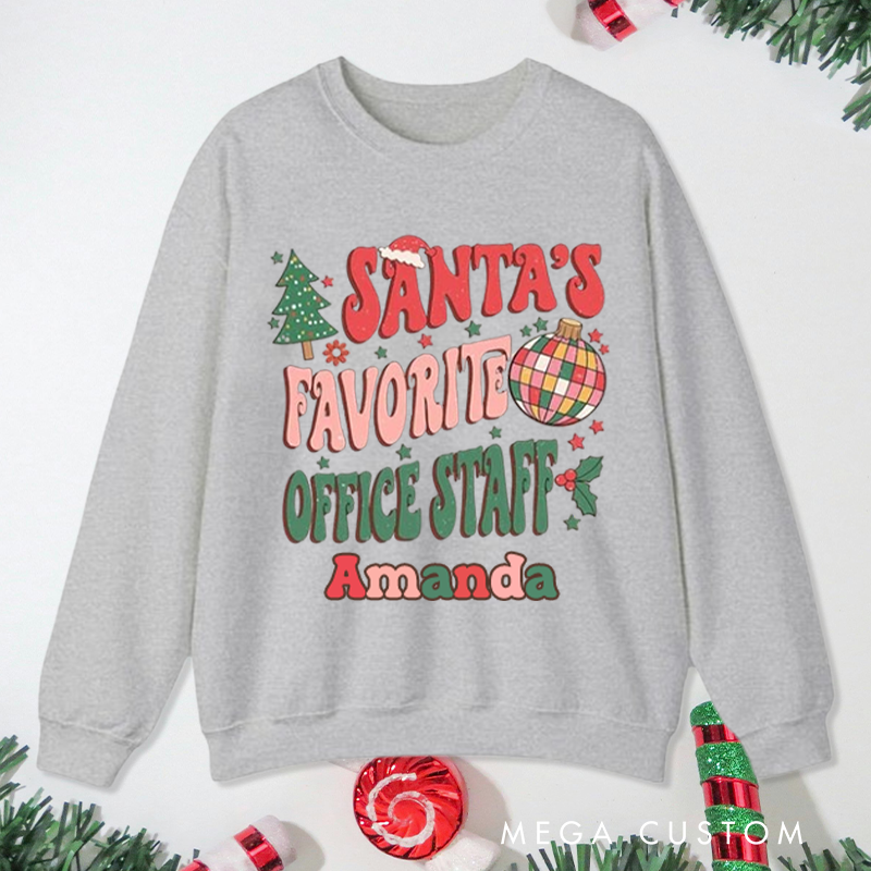 Personalized Office Worker Sweatshirt Santa's Favorite Office Staff with Christmas Trees Stars and Santa Hat Christmas Elements Gift for Coworkers