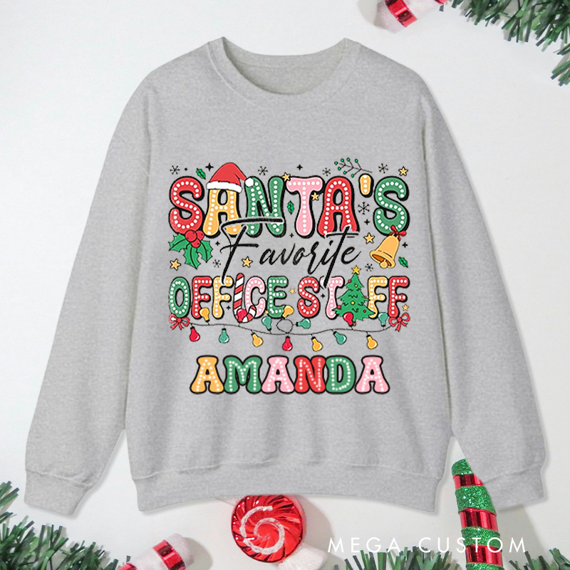 Personalized Office Worker Sweatshirt Christmas Lights Ornaments Candy Canes and a Santa Hat Christmas Elements Gift for Coworkers