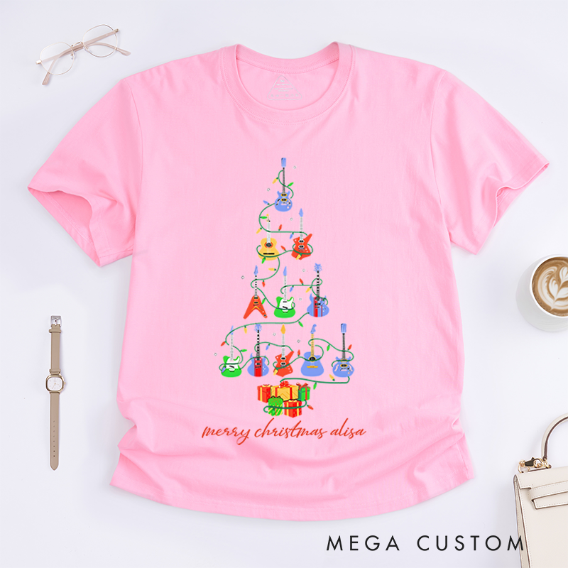 Personalized Classic T-Shirts Christmas Guitar Tree for Men and Women and Tee Guitar Musician Gift Top Music Ukulele Tree Shirt Christmas Gift