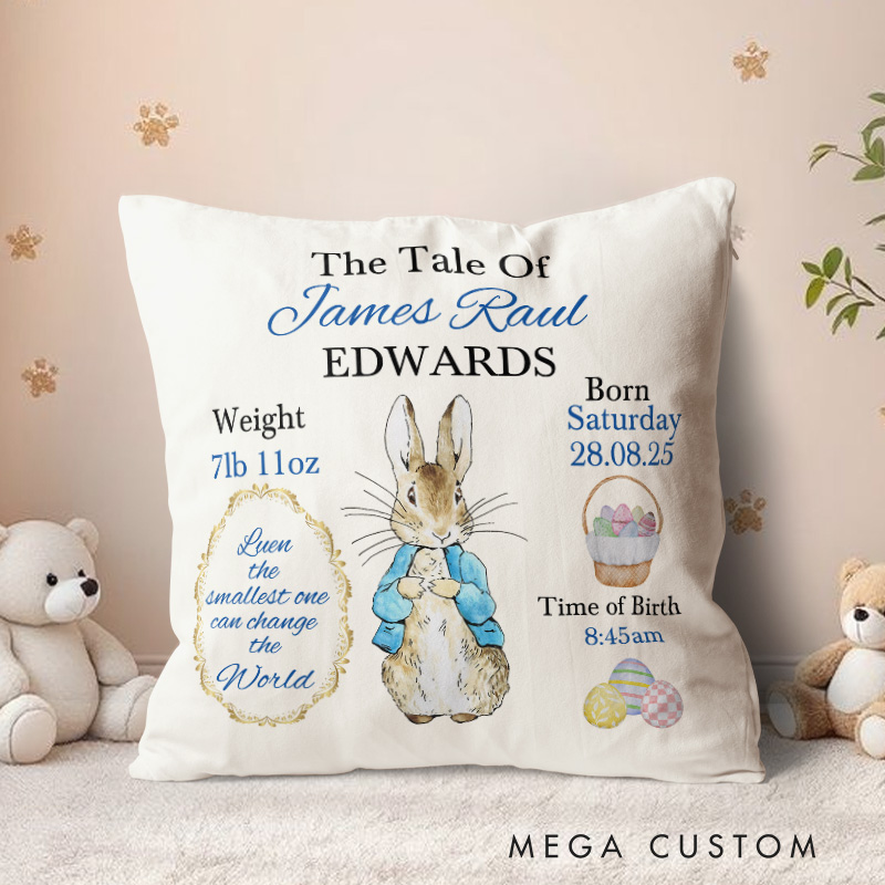 Personalized Peter/Flopsy Rabbit Baby Boy Throw Pillow Keepsake Gift for Christening