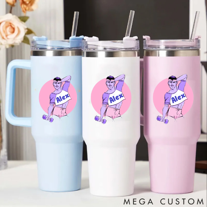 Personalized Handle Tumbler with Stylish Fitness Illustration Featuring Athletic Male for Gym Lover Fitness Durable Hot or Cold Drinks