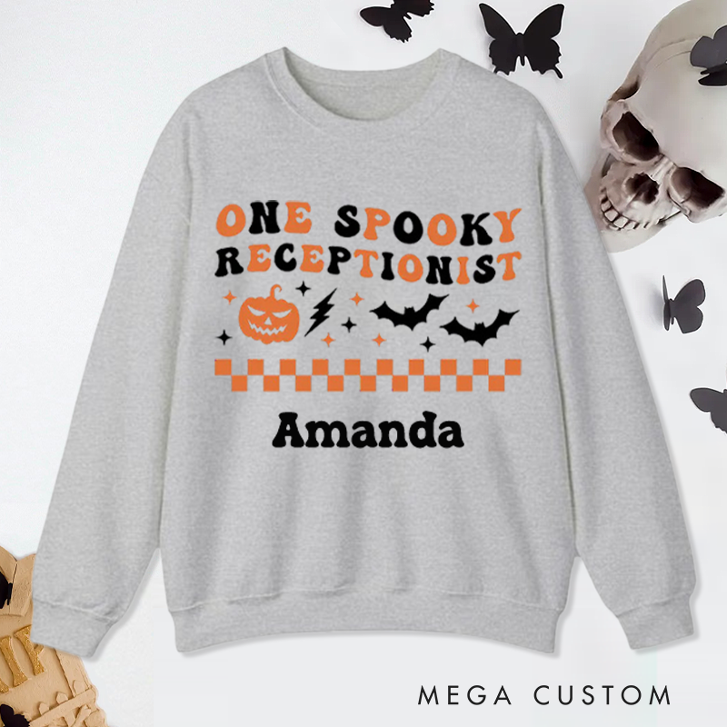 Personalized Office Worker Sweatshirt One Spooky Receptionist with Halloween Elements Appreciation Gift for Coworkers