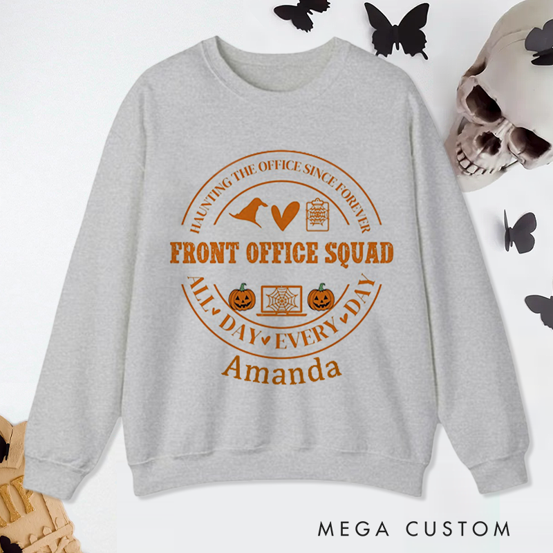 Personalized Office Worker Sweatshirt Front Office Squad with Halloween Elements Appreciation Gift for Coworkers