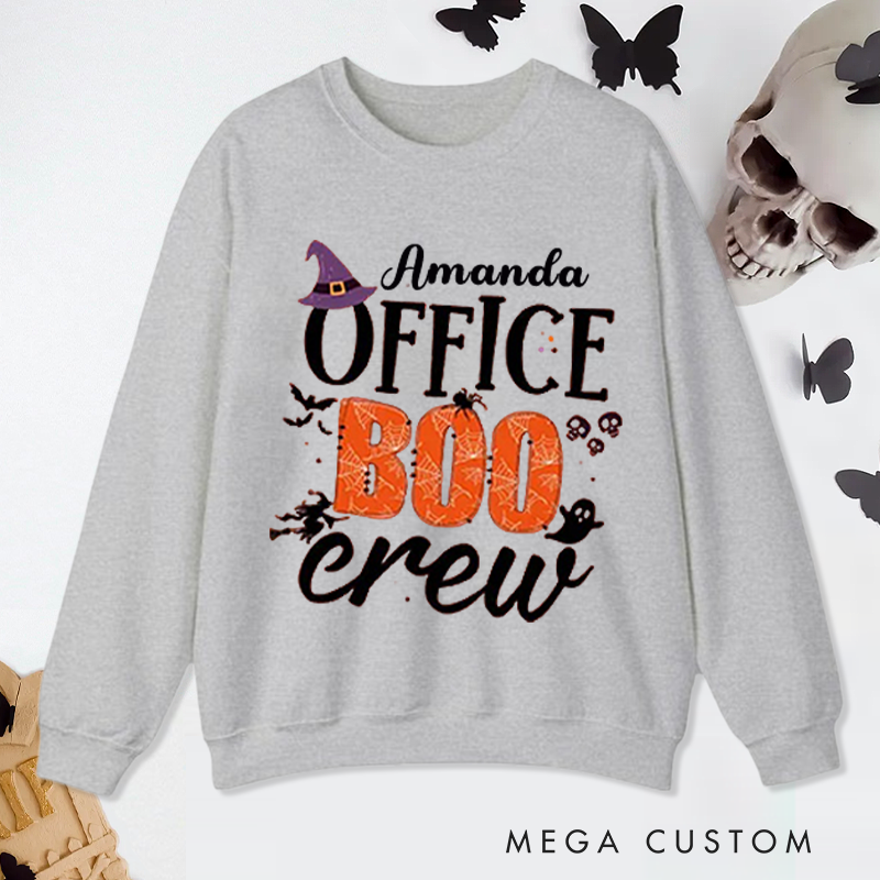 Personalized Office Worker Sweatshirt Office Boo Crew with Bats Spiderweb and Spider Halloween Elements Appreciation Gift for Coworkers