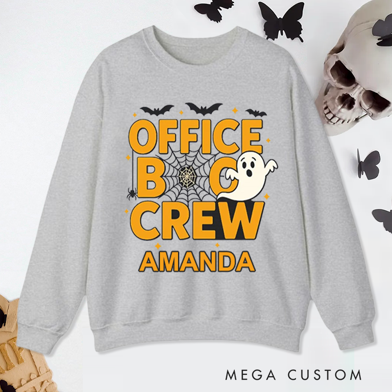 Personalized Office Worker Sweatshirt Office Boo Crew with Bats Spiderweb Spider and Small Stars Halloween Elements Appreciation Gift for Coworkers