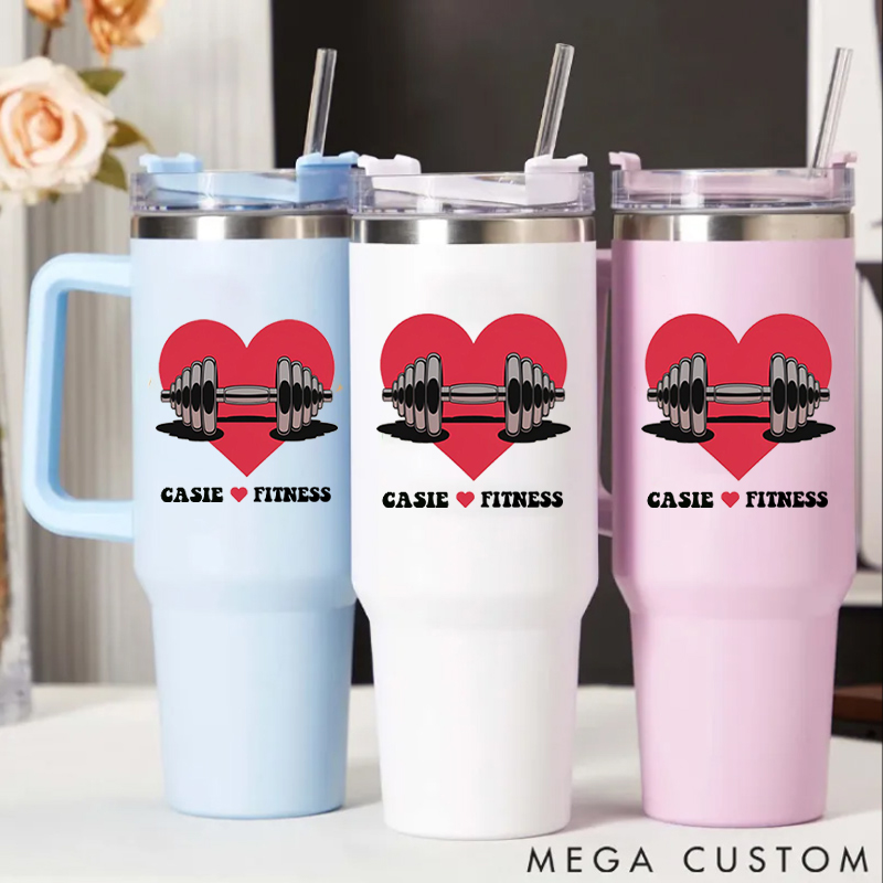 Personalized Handle Tumbler with Heart and Barbell Love Fitness Design for Gym Lover Fitness Durable Hot or Cold Drinks